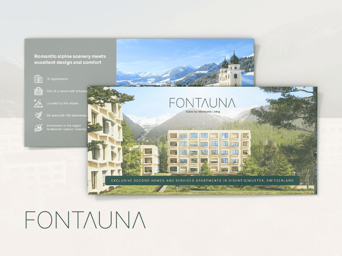 Anzeige für „fontauna“ mit Bildern eines Luxusgebäudes und einer schneebedeckten Berglandschaft. Im Rahmen der Neugestaltung unseres Portfolios werden exklusive Zweitwohnungen und Serviced Apartments in Disentis (Schweiz) hervorgehoben.