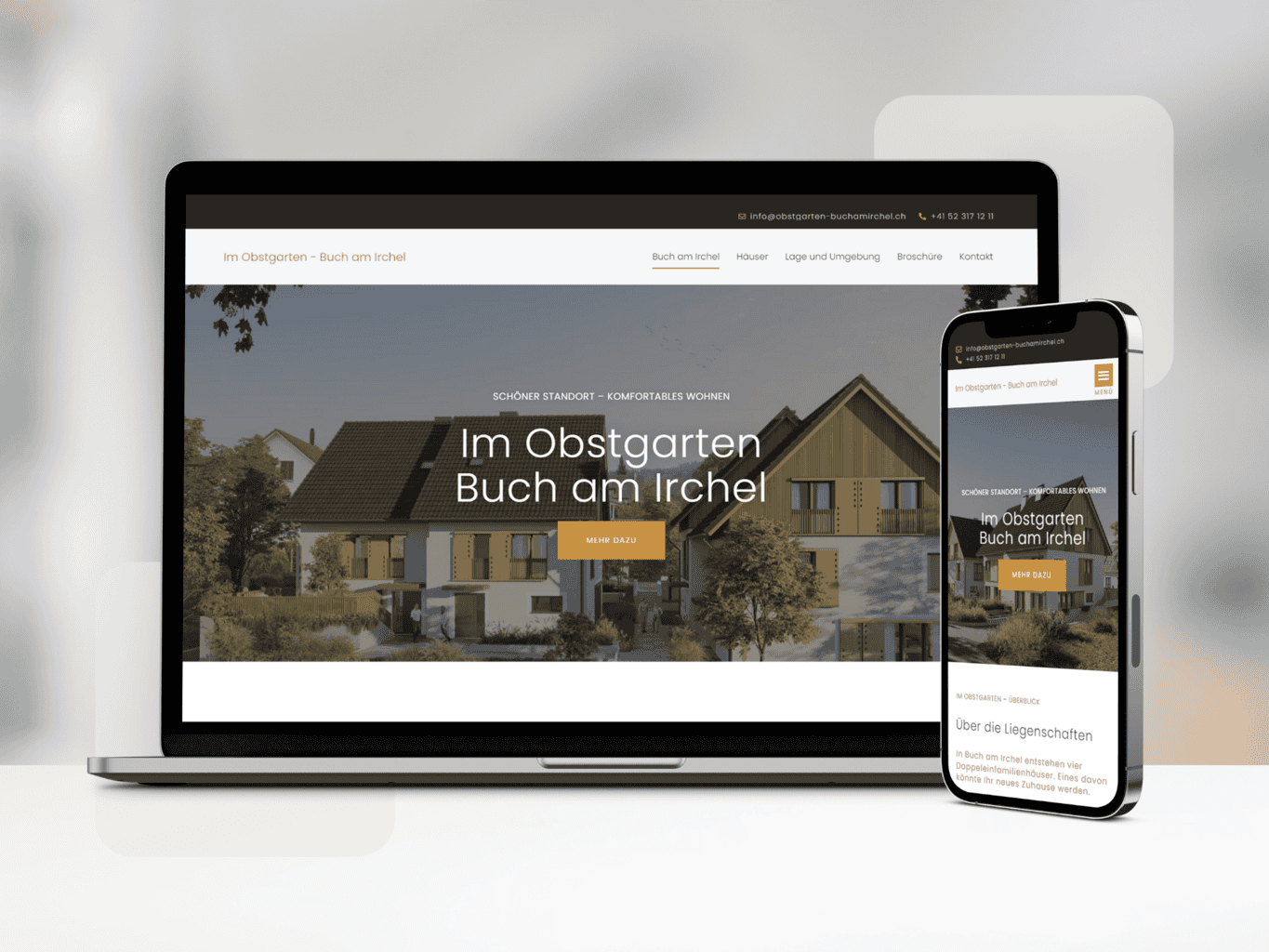 A desktop and a smartphone displaying a real estate website with images of residential buildings and the text "im obstgarten buch am irchel.