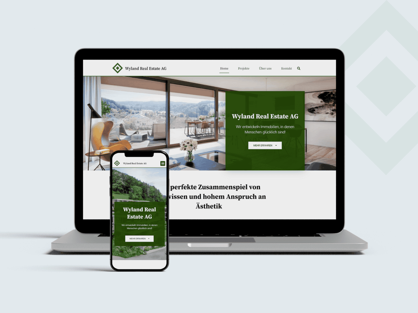 A laptop and smartphone displaying the portfolio homepage of Wyland Real Estate AG, featuring an interior design image and German text.