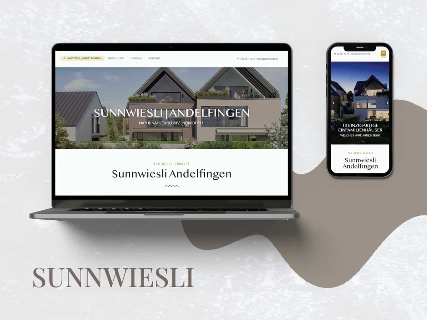 Laptop and smartphone displaying the homepage of "sunnwiesli andelfingen" real estate portfolio website, with images of modern houses.