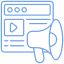 Umrisssymbol eines Megaphons und einer Webseite mit einer Wiedergabetaste und drei horizontalen Menüelementen, als Symbol für dynamische Online-Werbung für Immobilien.