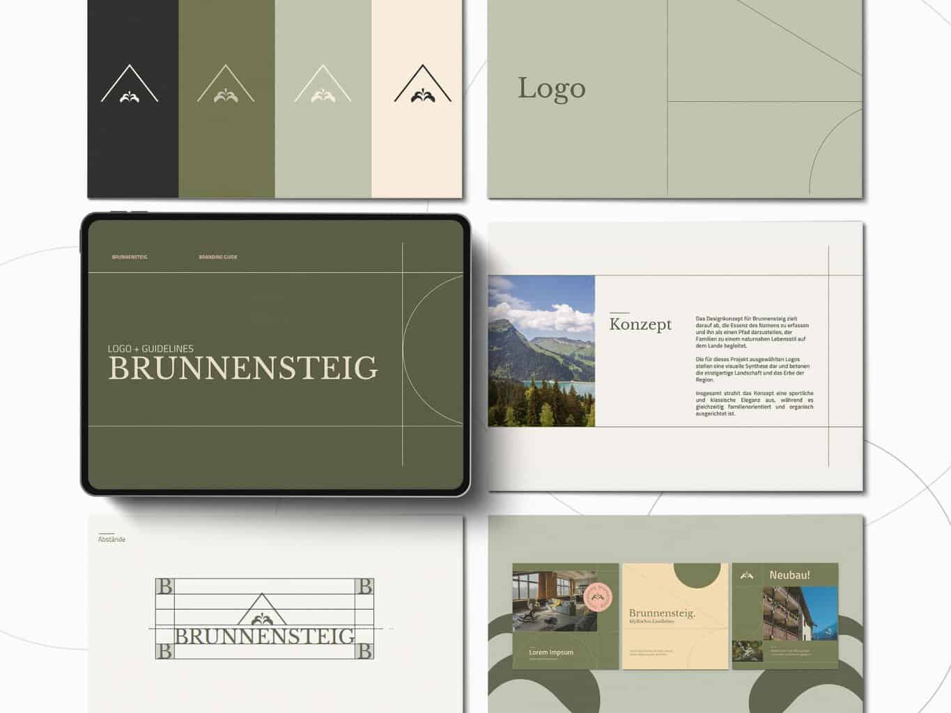 Die Designrichtlinien und Branding-Materialien für „Brunnensteig“ umfassen ein Logo und Layoutbeispiele auf einem Tablet und verschiedenen Blättern, die das Bergmotiv und die grüne Farbgebung widerspiegeln. Durch die Integration von Elementen des Immobilienmarketings fängt es die Essenz natürlicher Eleganz wirkungsvoll ein.