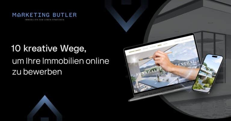 Marketing Butler graphic with a laptop and smartphone displaying real estate content alongside text promoting creative ways to advertise properties online.