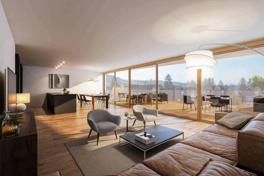 Modernes Wohnzimmer mit stilvollen Möbeln, grossen Fenstern mit Blick auf die Berge und offener Terrassentür.