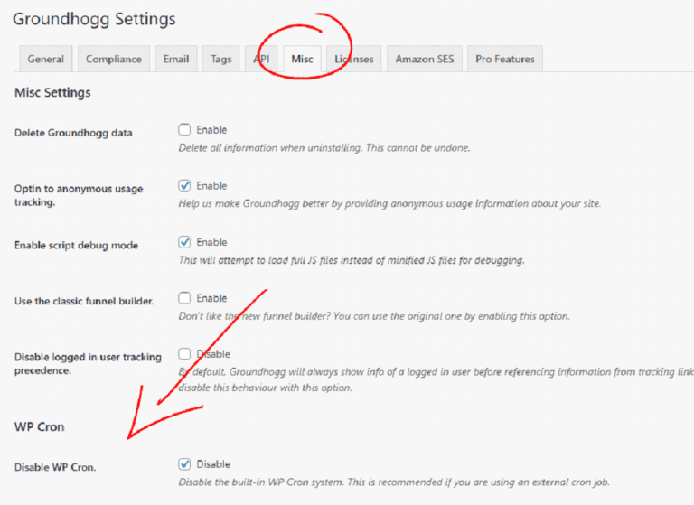 Groundhogg plugin settings menu showing Misc tab for customizing automation and tracking options for marketing and email campaigns.