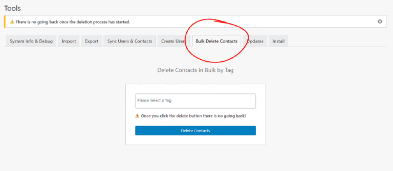 Bulk delete contacts interface on marketing automation platform, online marketing tools for CRM contact management, marketingbyrob.com screenshot.