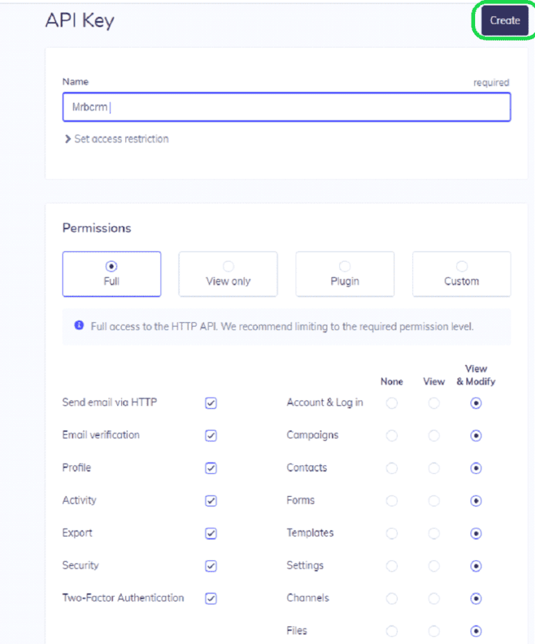 API key creation screen for integrating marketing automation tools, offering full access permissions for email, contacts, campaigns, and security integrations.
