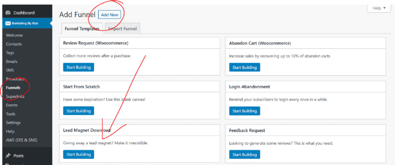 Funnel builder screenshot for marketing automation and lead generation on Marketing By Rob website.