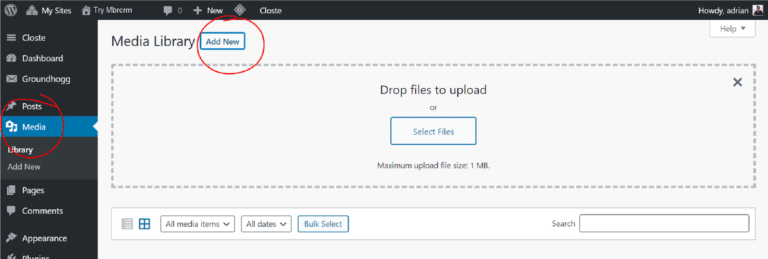 Add new media upload button in WordPress Media Library interface for website content management.