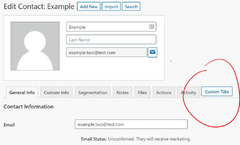 Business contact management interface showing custom tabs feature for streamlined marketing solutions.
