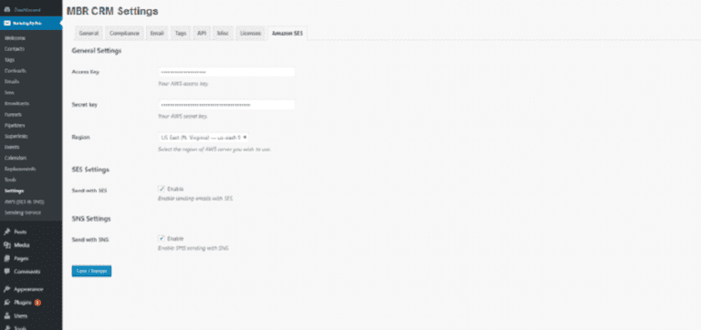 MBR CRM Settings interface for Salesforce integration, including SEO-optimized options for SES and SNS, highlighting efficient customer relationship management and marketing automation tools.