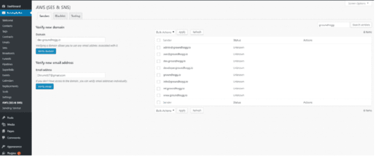 Cloud security, AWS SES and SNS management interface, digital marketing, cybersecurity tools, cloud service provider dashboard.