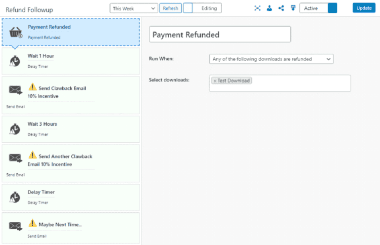 Refund Follow-up email automation for marketing campaigns and customer engagement.