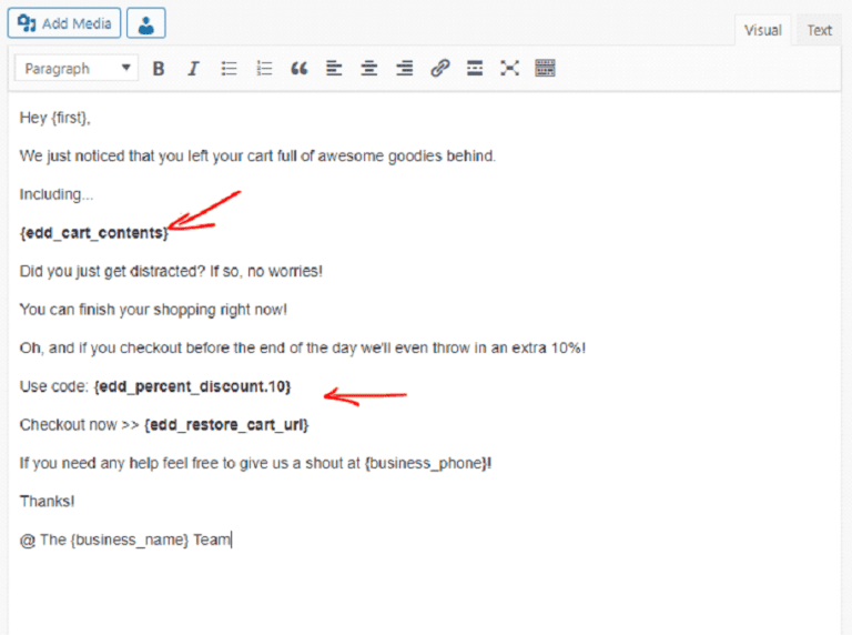 Cart abandonment email template with dynamic placeholders for marketing automation and customer engagement strategies.