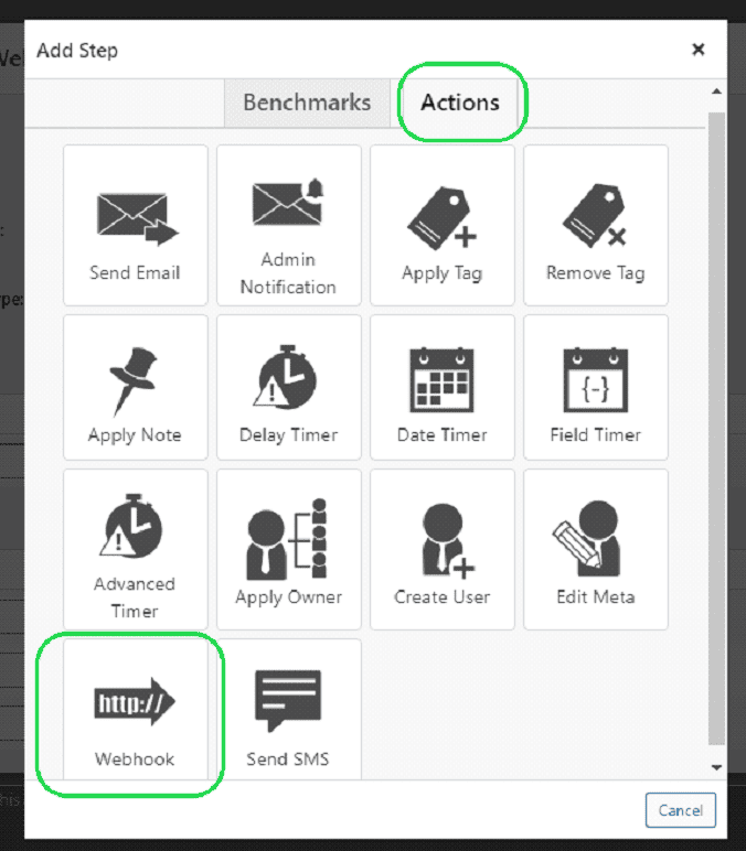 Webhook action button interface for automating marketing processes and notifications.