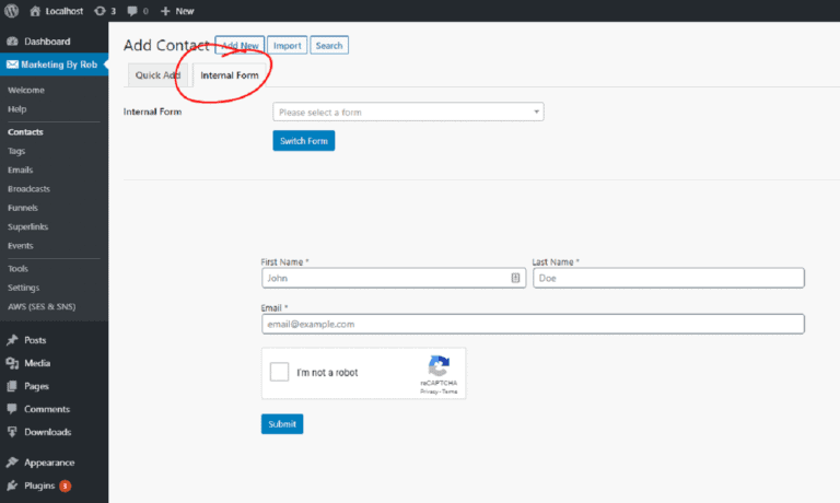 Add internal contact form for marketing automation and lead generation on Marketing By Rob website.