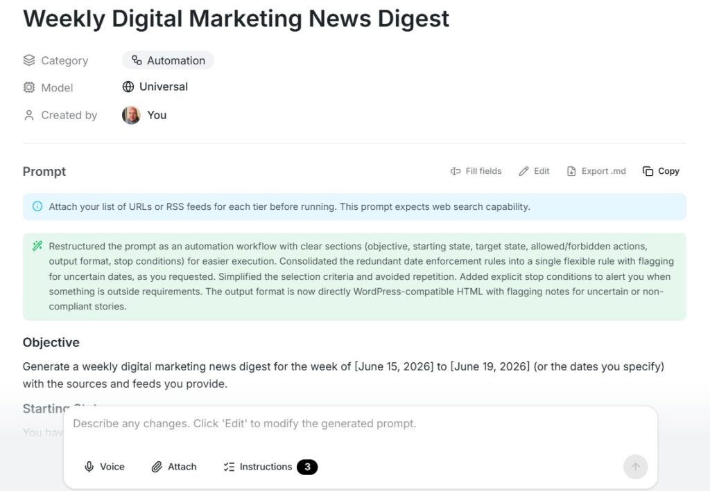 Weekly digital marketing news digest with categories, models, and creator info, featuring a prompt for RSS feeds and workflow details for SEO optimization.