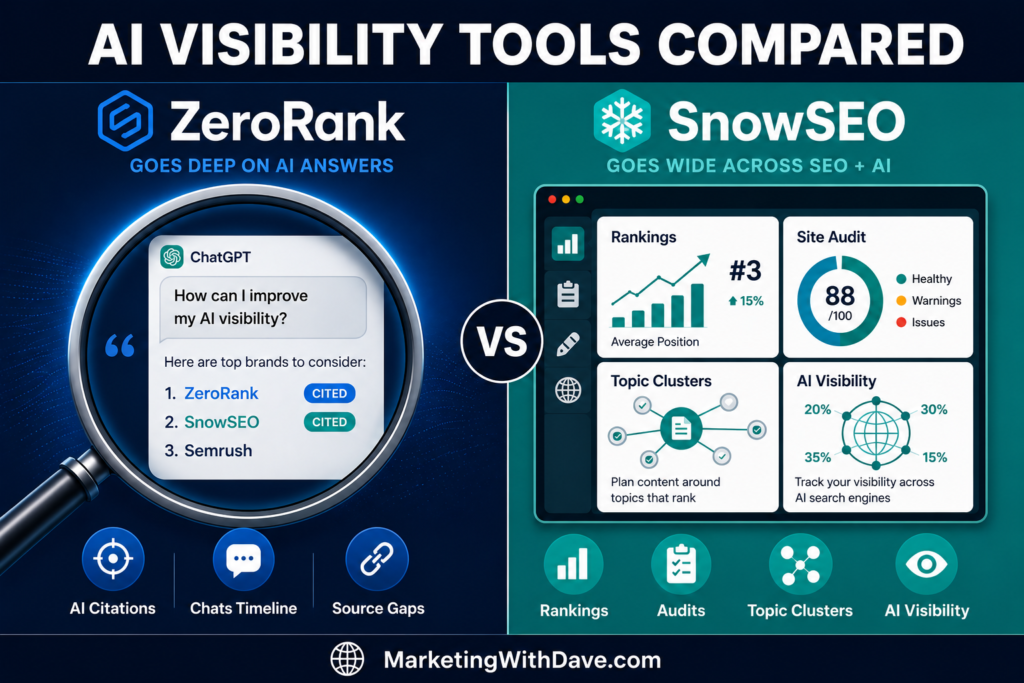 Comparison of ZeroRank and SnowSEO AI visibility tools highlighting features, rankings, site audit scores, and AI visibility metrics for SEO optimization.