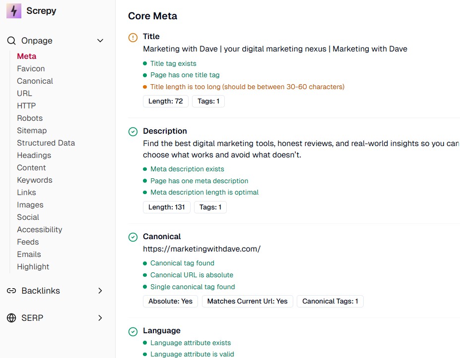 Screenshot of Screpy review article on Marketing with Dave website, highlighting SEO analysis and meta data details.