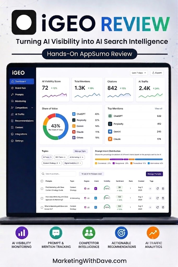 IGEO Review dashboard showcasing AI visibility score, total mentions, share of voice, and top mentions for AI search intelligence analysis.