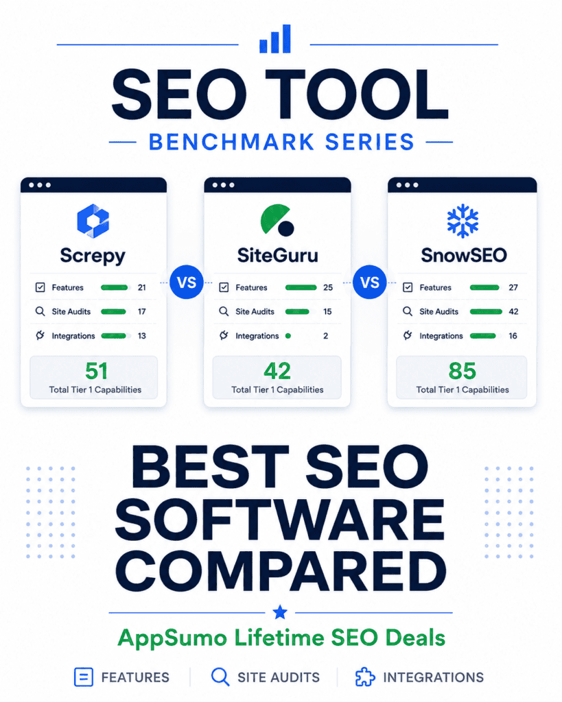 Comparison of SEO tools Scrapy, SiteGuru, and SnowSEO showing features, site audits, integrations, and total capabilities for SEO benchmarking.