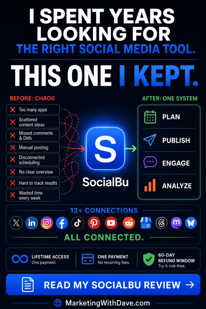 Social media management app SocialBu with a before-and-after comparison highlighting improved social media strategy and connections.