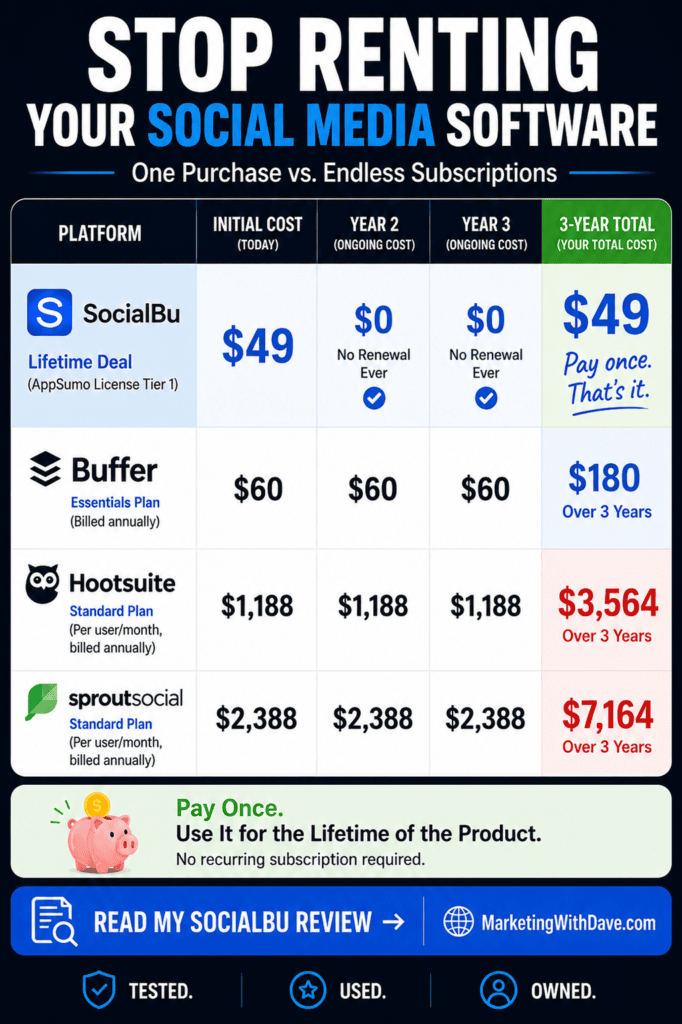 Comparison chart of social media management software showing costs over three years, highlighting SocialBu's affordable lifetime deal and other options like Buffer and Hootsuite.