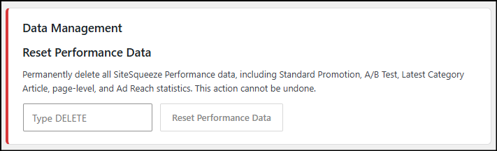 Screenshot of data management and performance reset options on a website, showing delete and reset buttons for performance data.