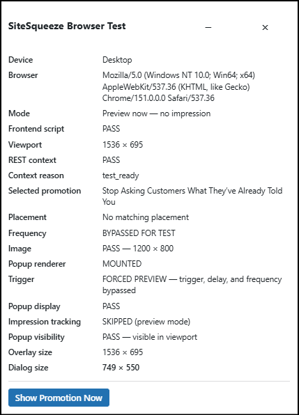 Screenshot of SiteSqueeze Browser Test showing device, browser, mode, viewport, and other technical details for SEO and accessibility analysis.