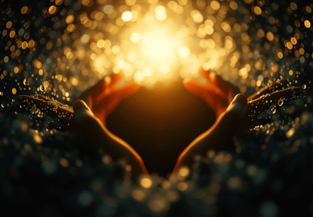 Hands reaching towards bright glowing light with bokeh.