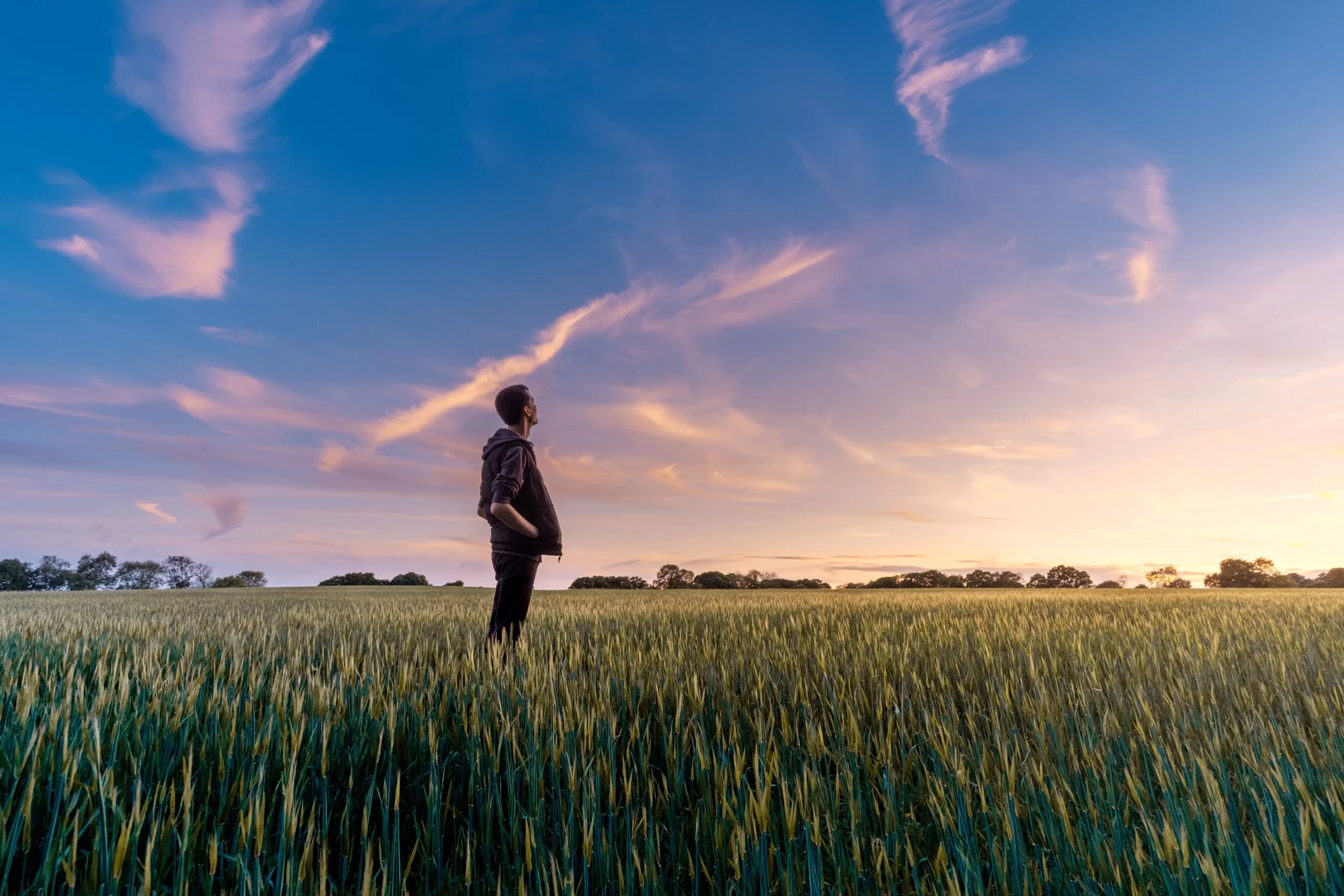 Person standing in field at sunset.