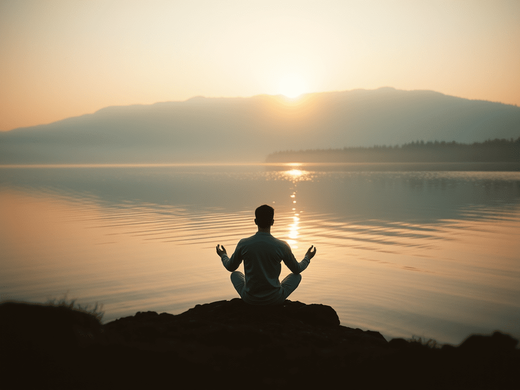 Person meditating by a serene lake at sunrise.