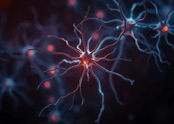 Artistic rendering of glowing brain neurons network