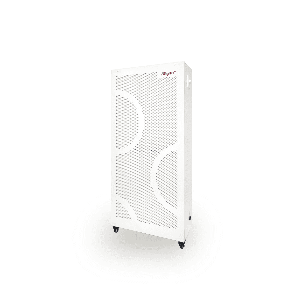 High-efficiency air purifier by MayAir Group, designed for commercial and industrial environments, featuring a sleek white metal casing with circular perforations, and mobility casters for easy maneuverability.