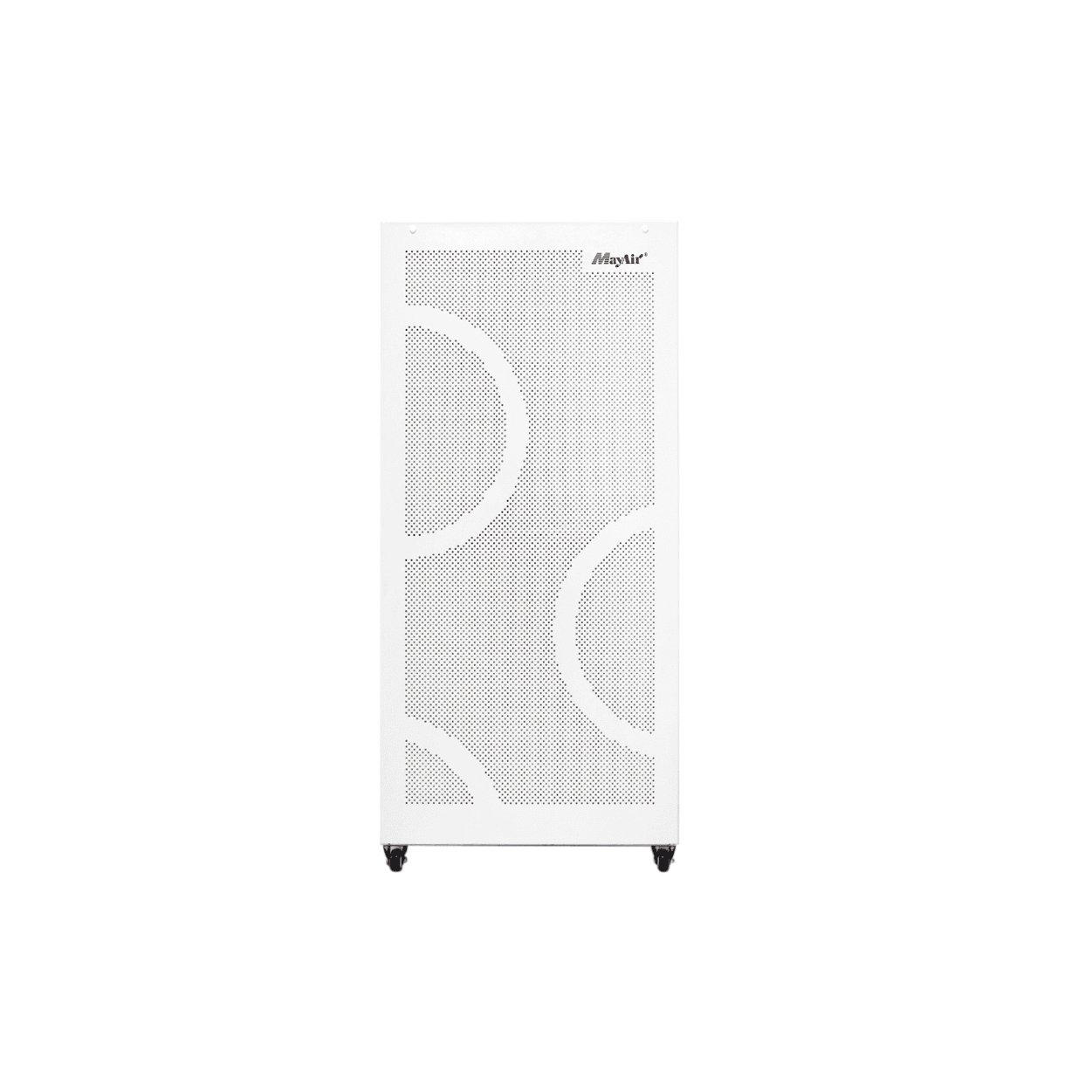 High-efficiency air purifier cabinet by MayAir Group with perforated front panel, mobile caster wheels, designed for commercial or industrial air filtration applications.