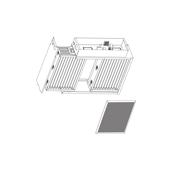 Highly detailed technical drawing of MayAir Group's commercial air filtration system, showcasing advanced air purifiers, filters, and ventilation technology for optimal indoor air quality solutions.