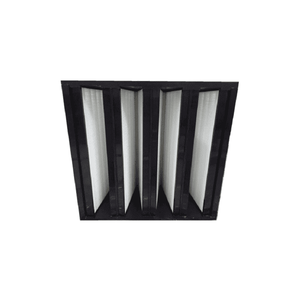 High-efficiency industrial air filter with black frame and white filtering media, designed for optimal air purification in commercial and industrial HVAC systems.