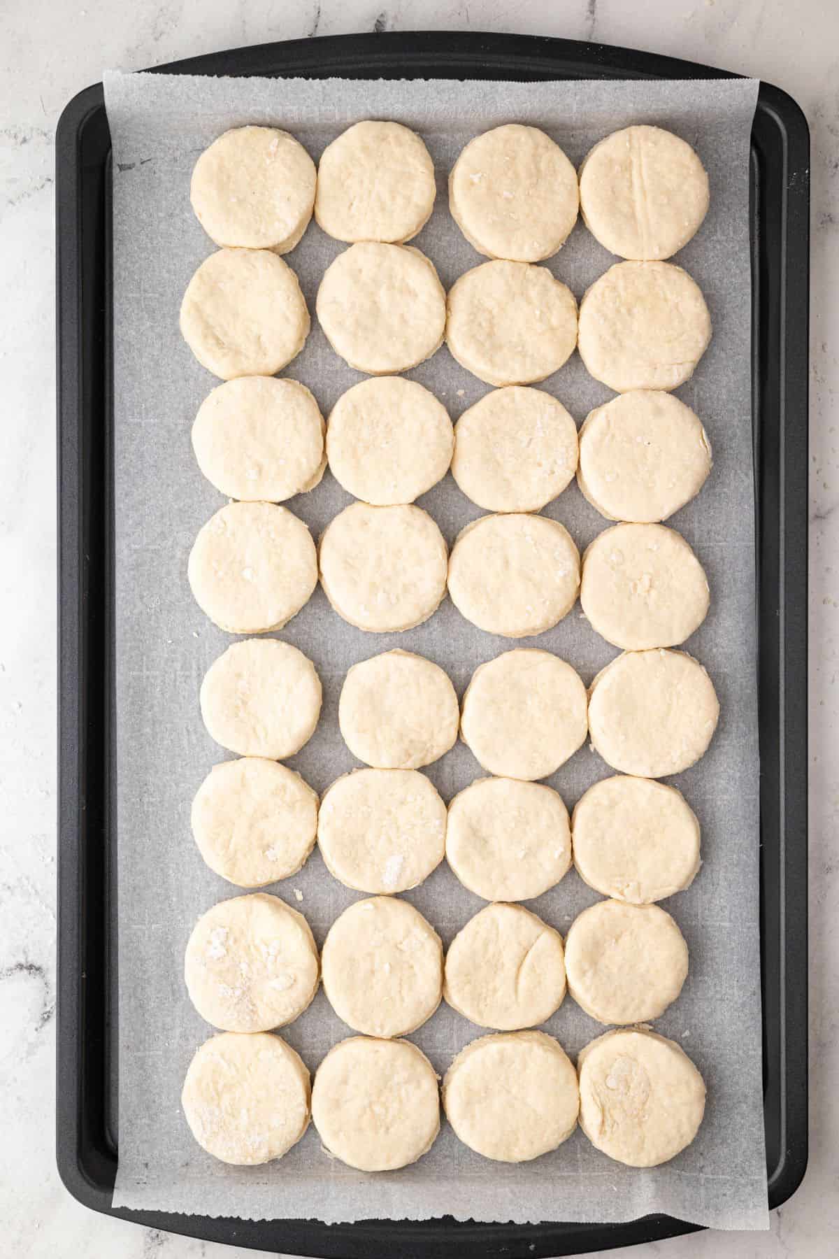 A tray with neatly cut, unbaked biscuit rounds, evenly arranged before going into the oven.