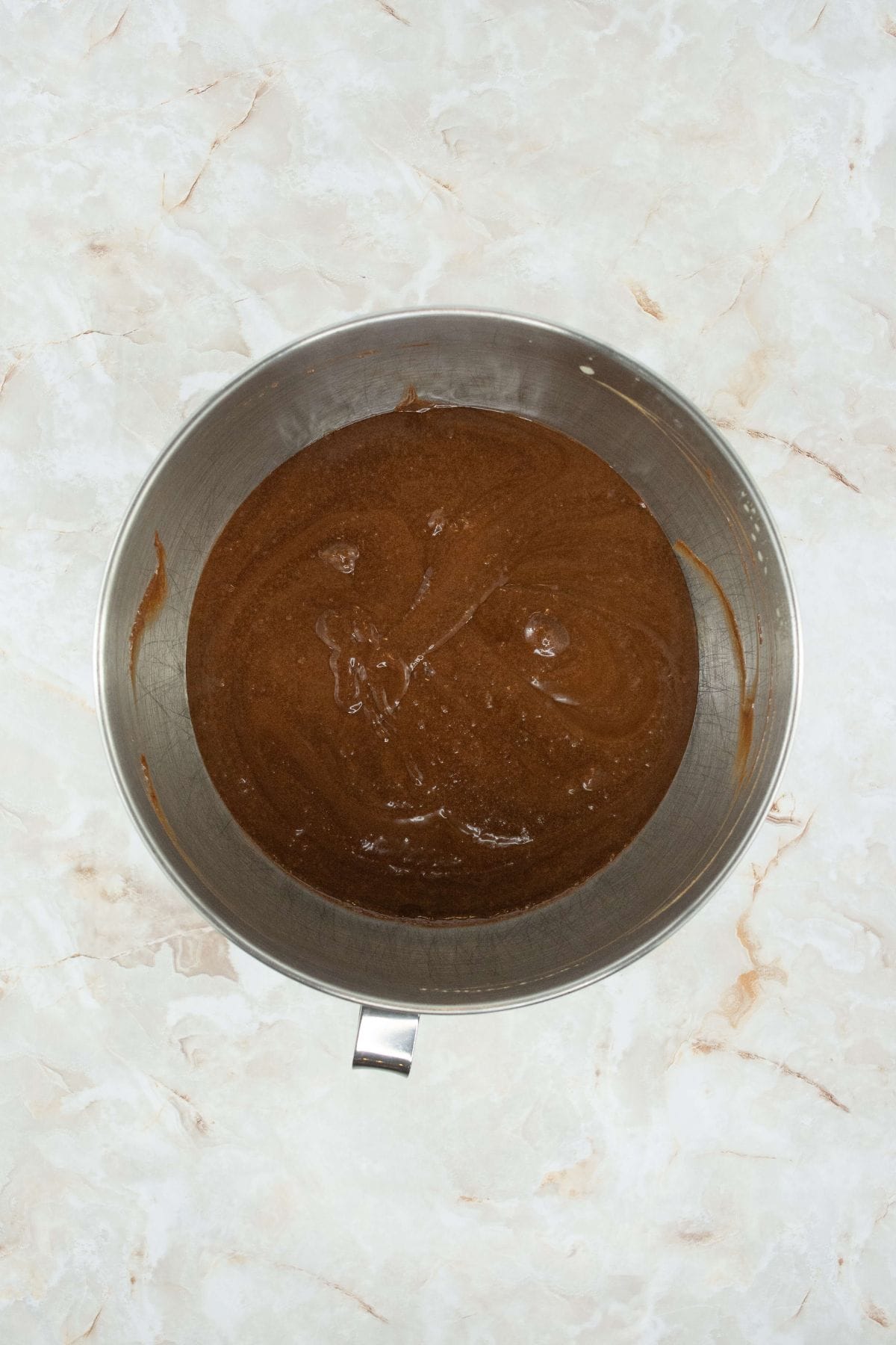 chocolate batter in a stand mixer bowl