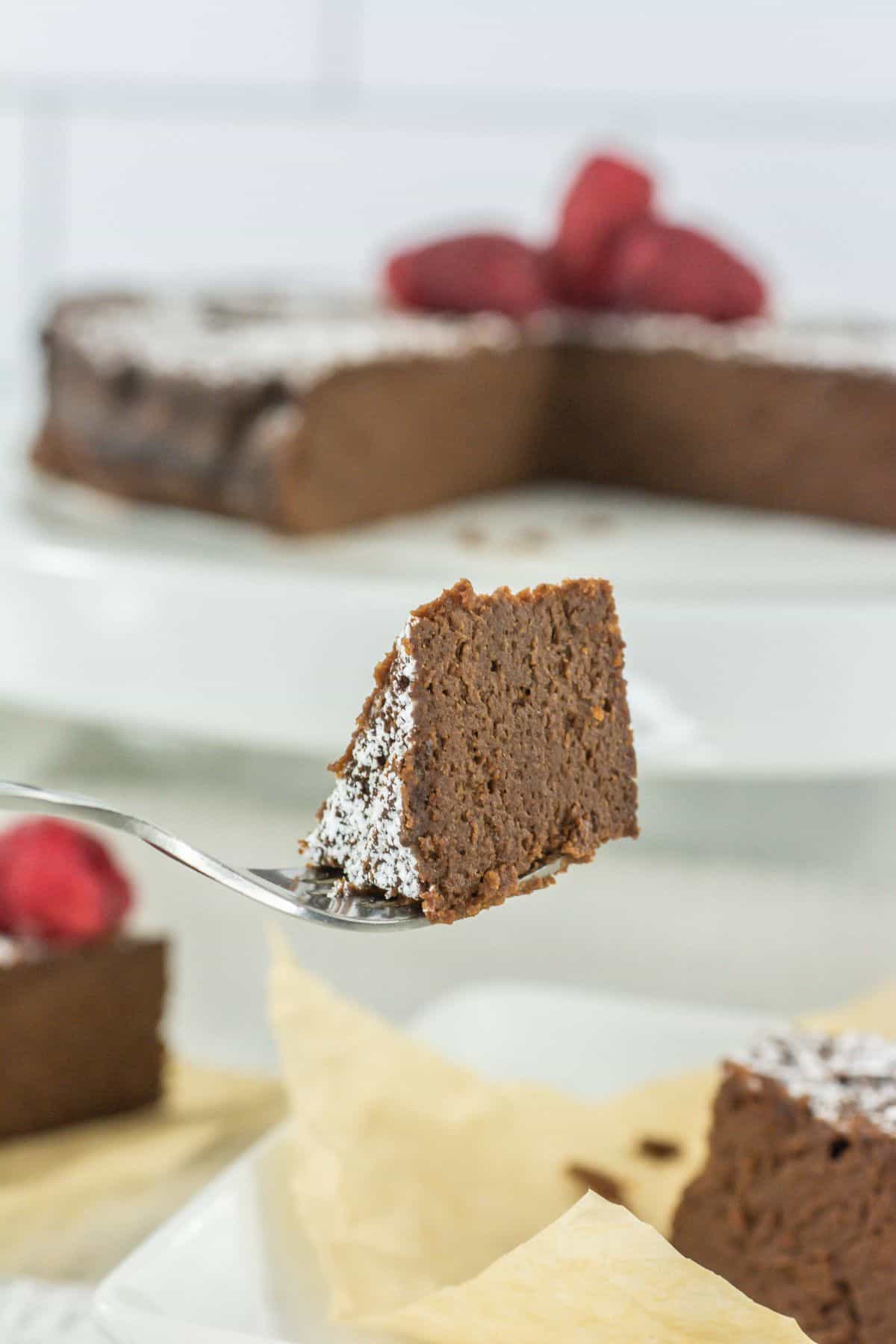 close-up of a slice of chocolate cake on a fork, with a dusting of powdered sugar on top