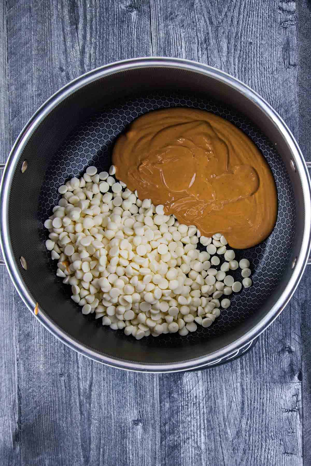 white chocolate chips and creamy peanut butter in a large pot