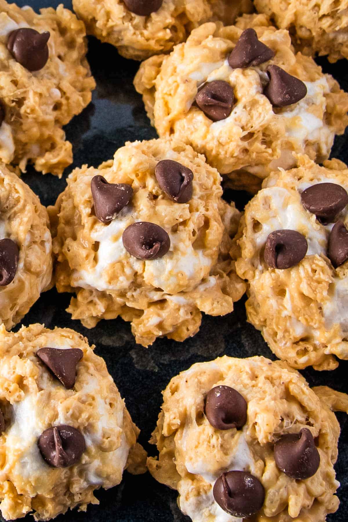 close-up shot of avalanche cookies made with white chocolate chips, peanut butter, rice krispies cereal, marshmallows, and chocolate chips for topping