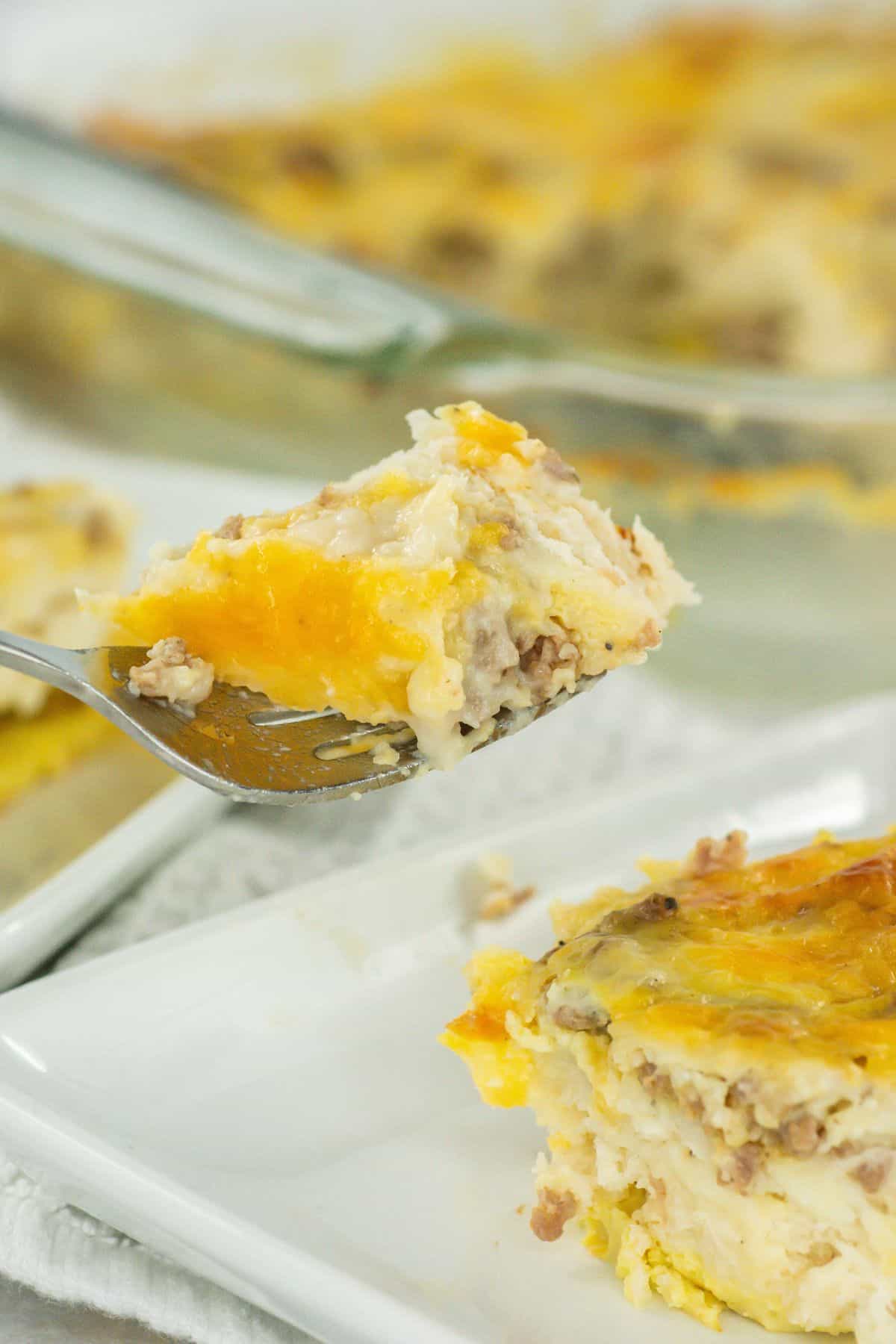 Biscuits and Gravy Casserole in a fork