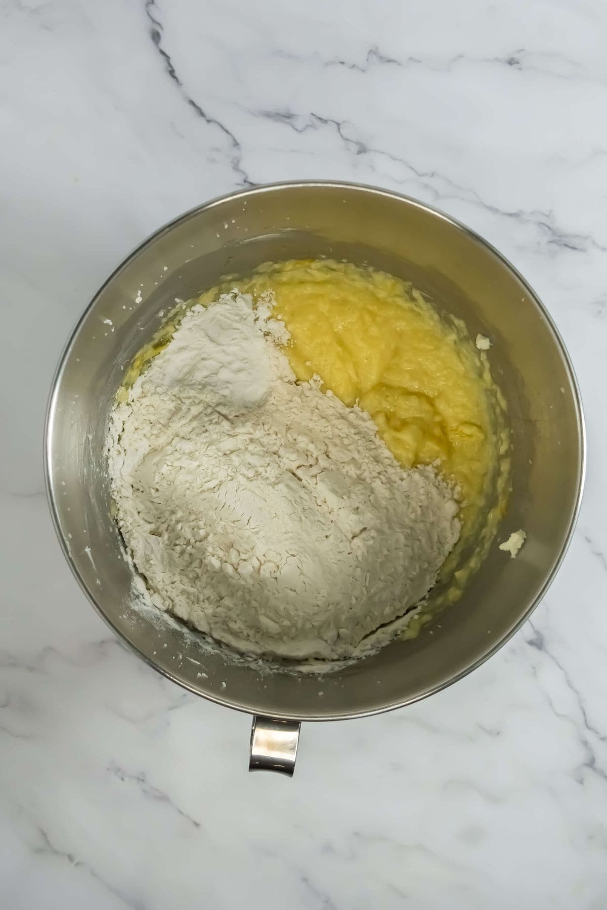 Dry ingredients being mixed with the batter.