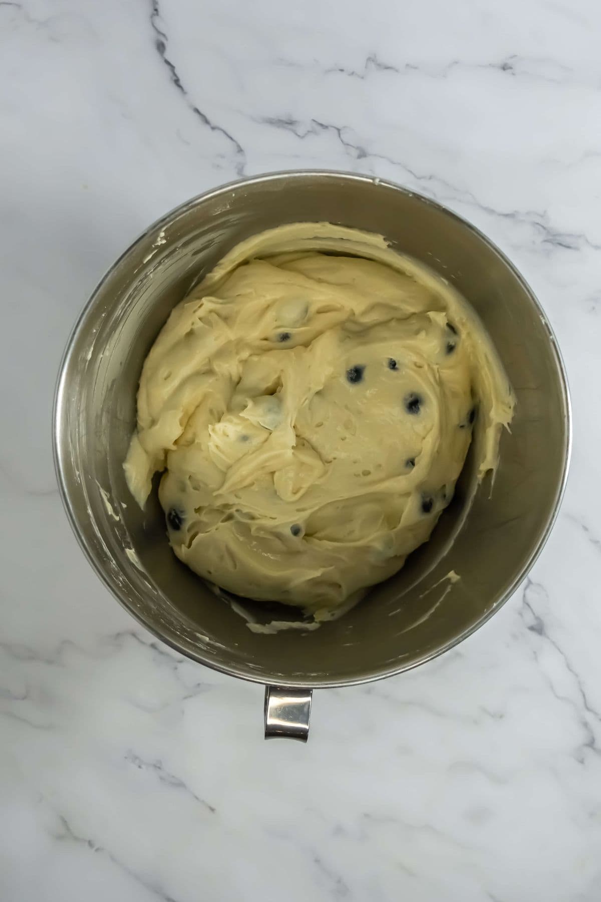 Smooth batter with visible blueberries.