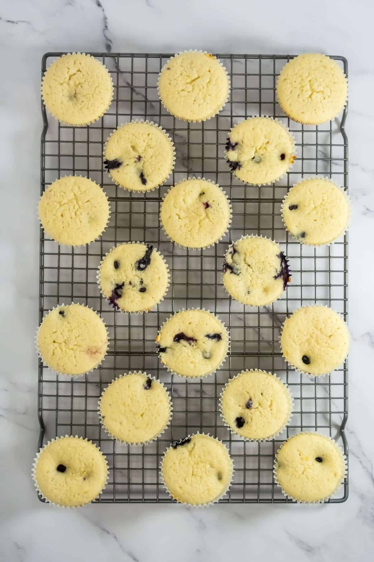 Freshly baked cupcakes cooling on a wire rack.