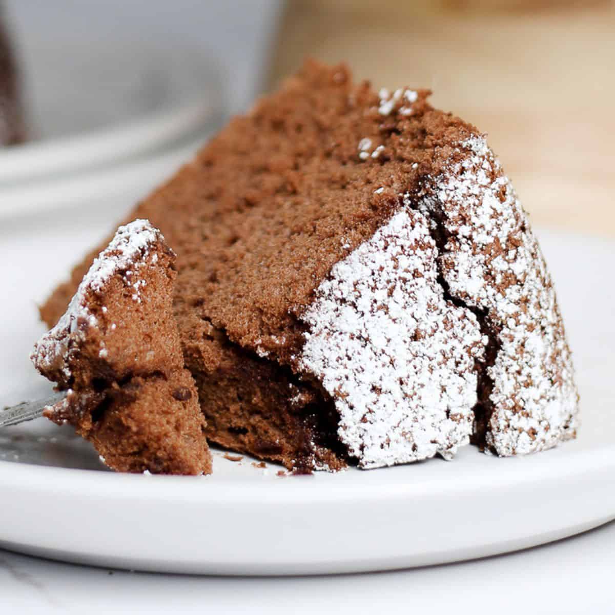 close-up shot of a chocolate cake slice dusted with powdered sugar on a plate