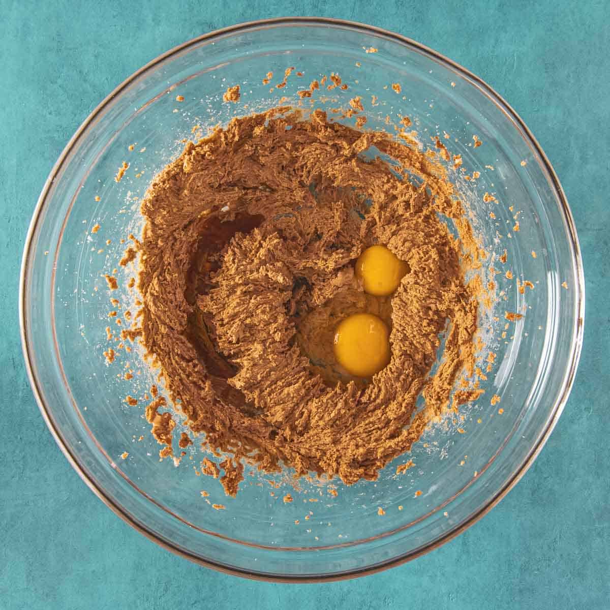 Beaten Biscoff butter with two eggs in the center.