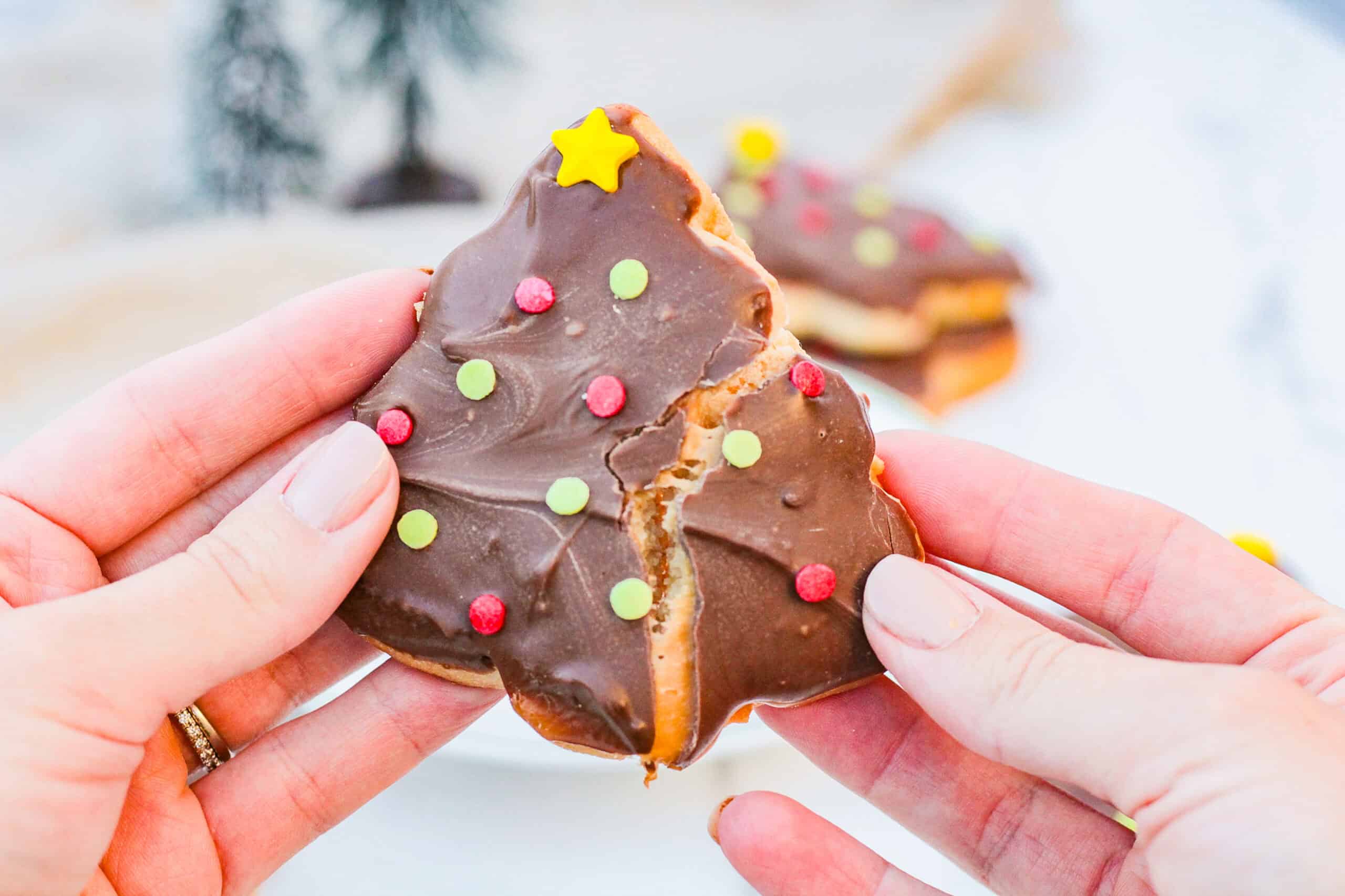 Christmas tree cookie with sprinkles and hard chocolate coating with caramel inside.