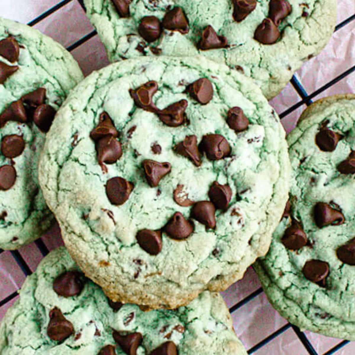 Freshly baked mint chocolate chip cookies with a green hue and chocolate chips scattered on top.